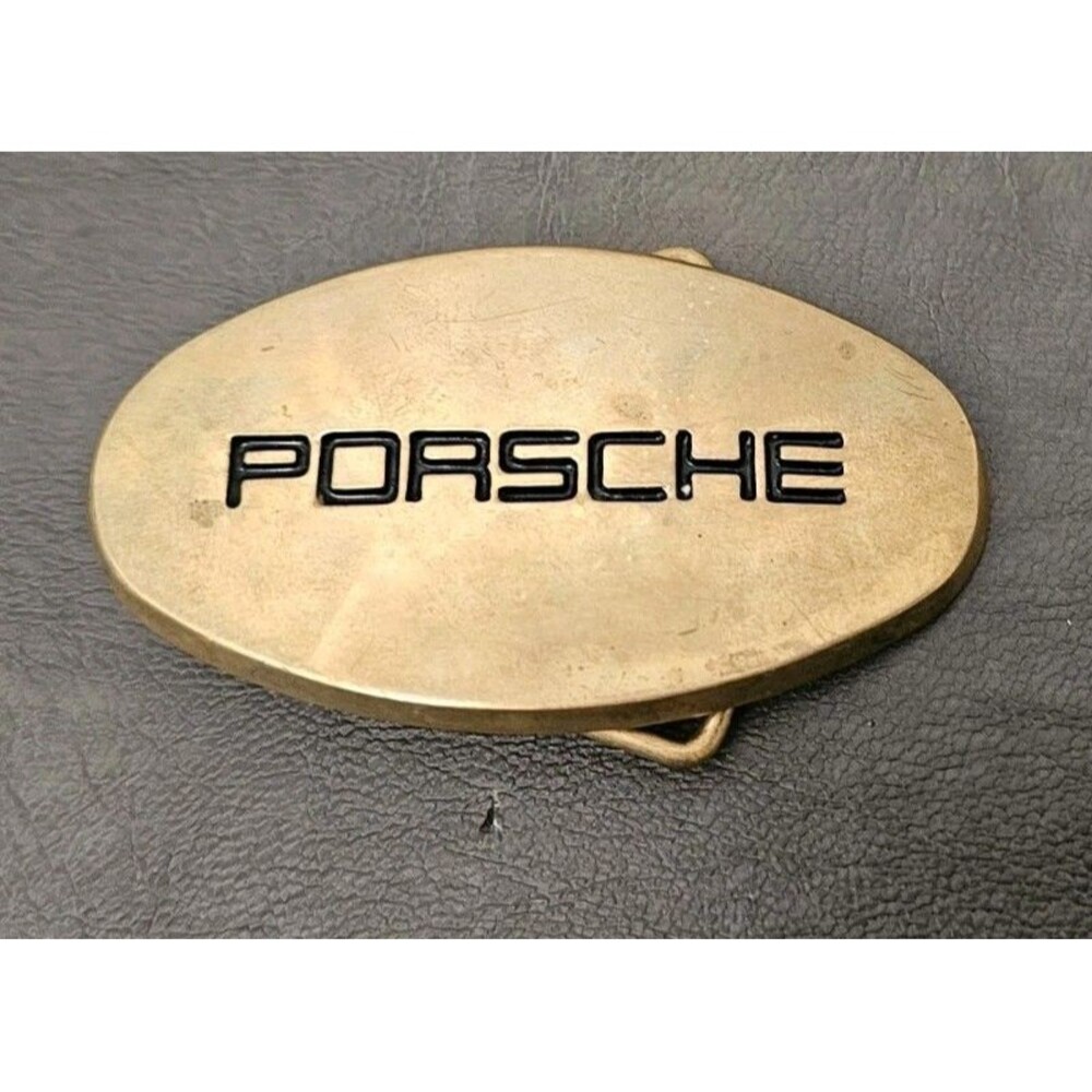 Vintage Porsche Solid Brass Belt Buckle Baron BBB 5607 Taiwan Oval Logo Auto